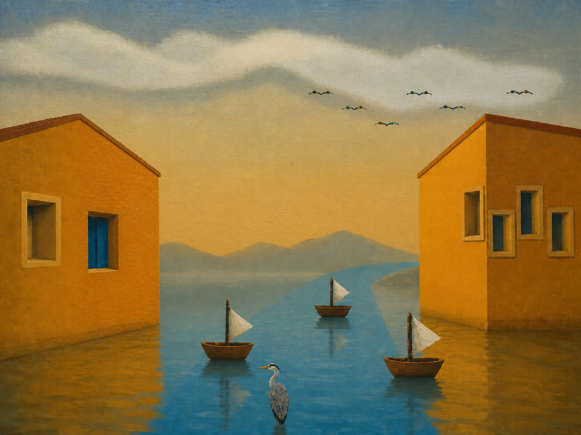 A corrected painted harbor with three sailboats and a heron