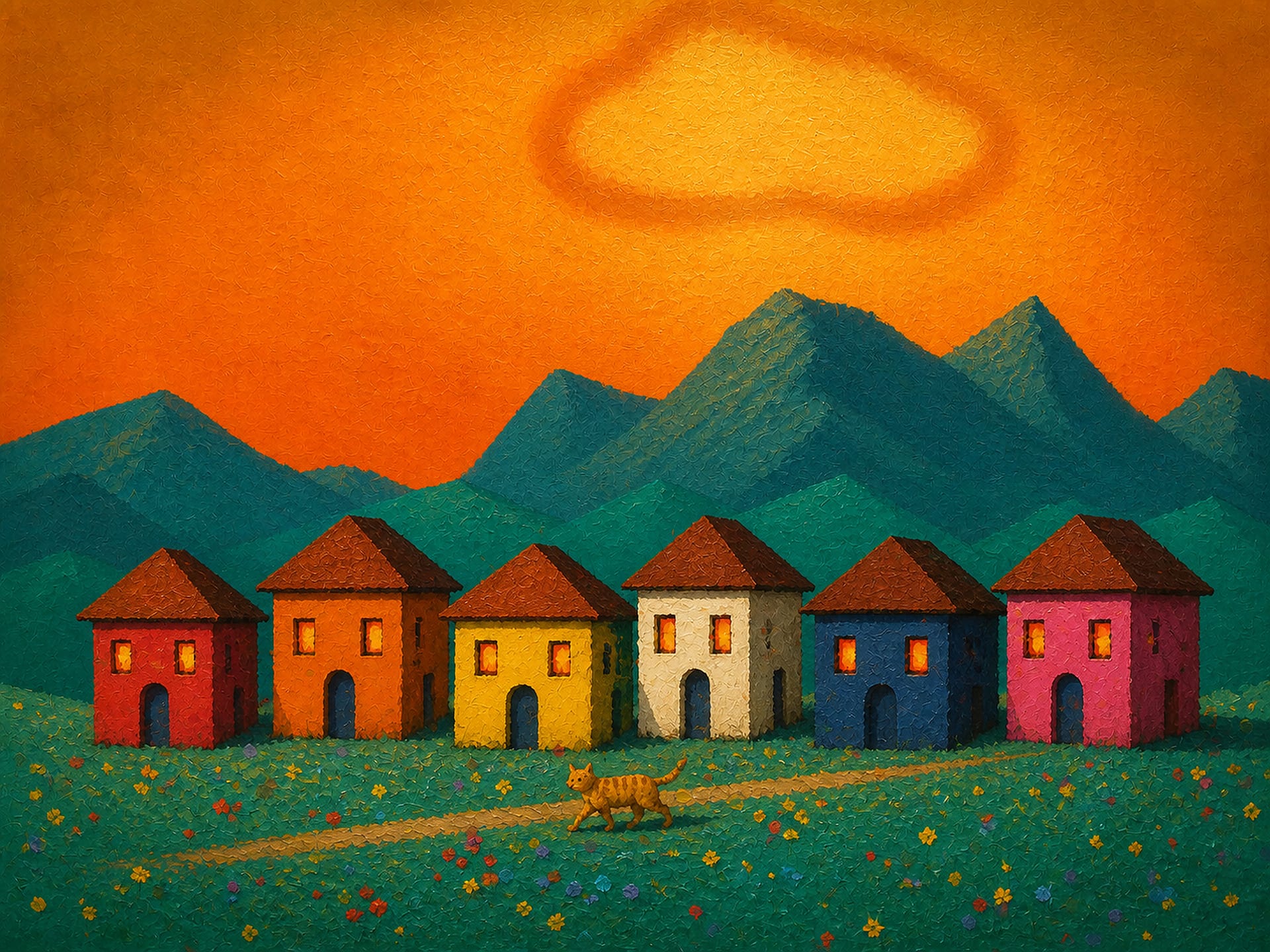 A colorful painted hillside village with a small orange cat
