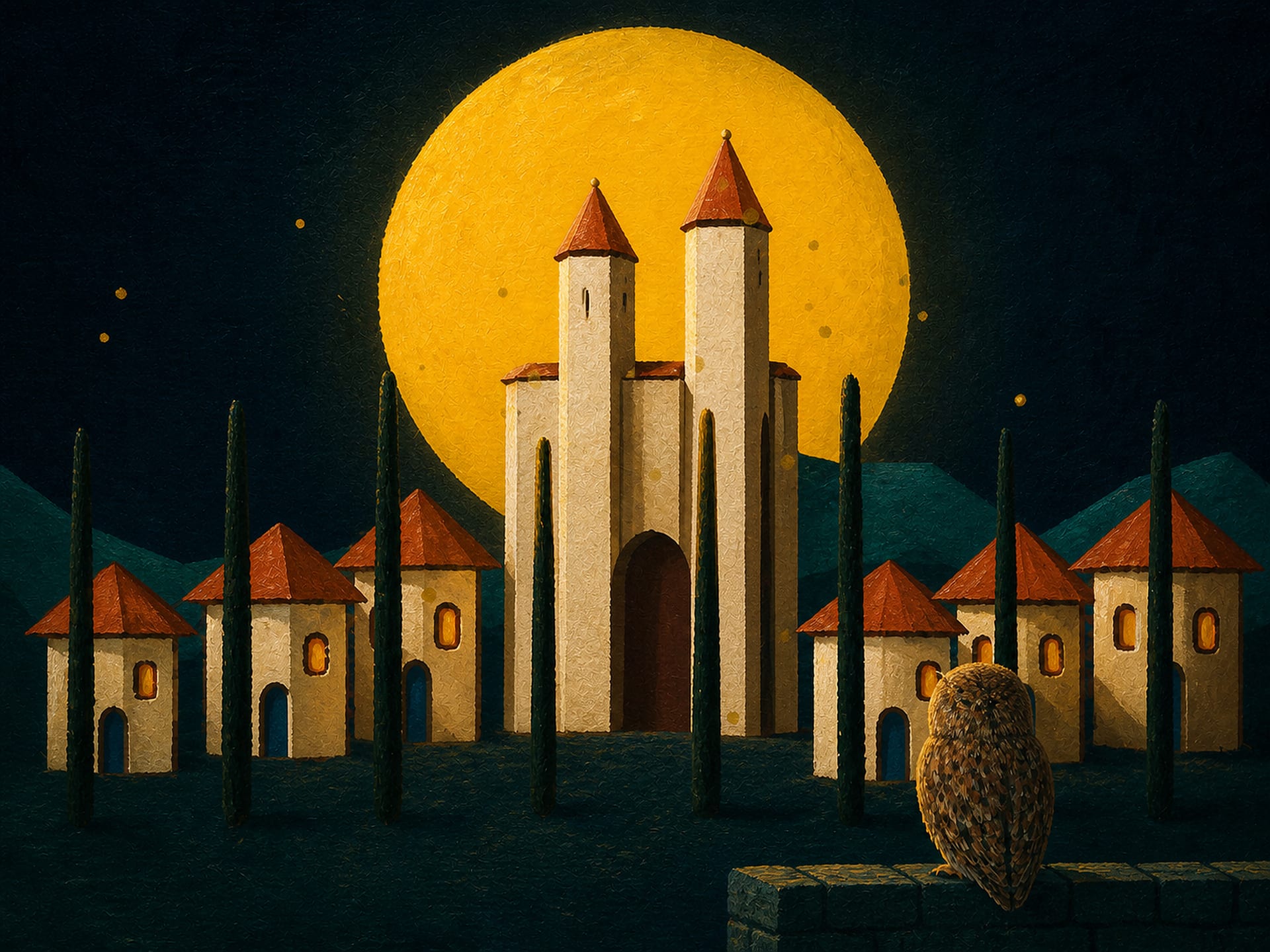 An owl overlooking a moonlit painted village