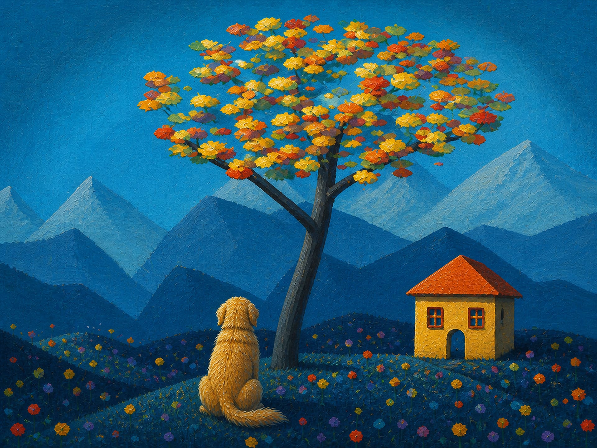 A golden dog beneath a colorful tree, looking toward a warm yellow house