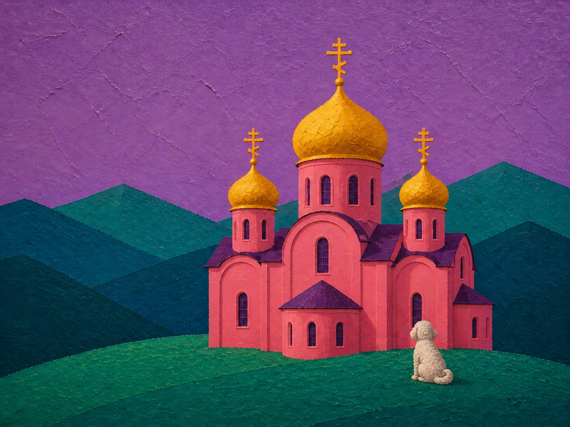 A white dog looking toward a pink Eastern Orthodox church beneath a purple sky