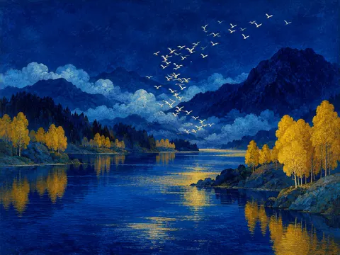 Golden Flock over the Twilight Lake