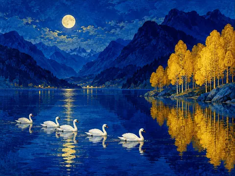 Moonlit Fjord with Swans