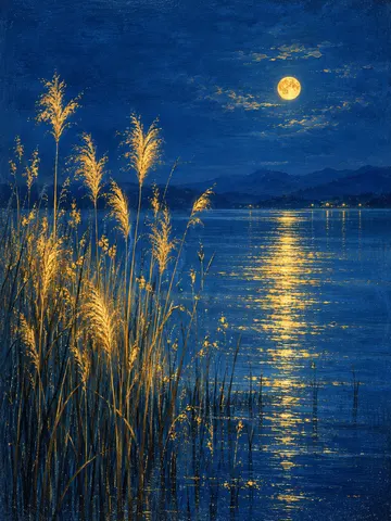Moonlit Reeds by the Quiet Lake