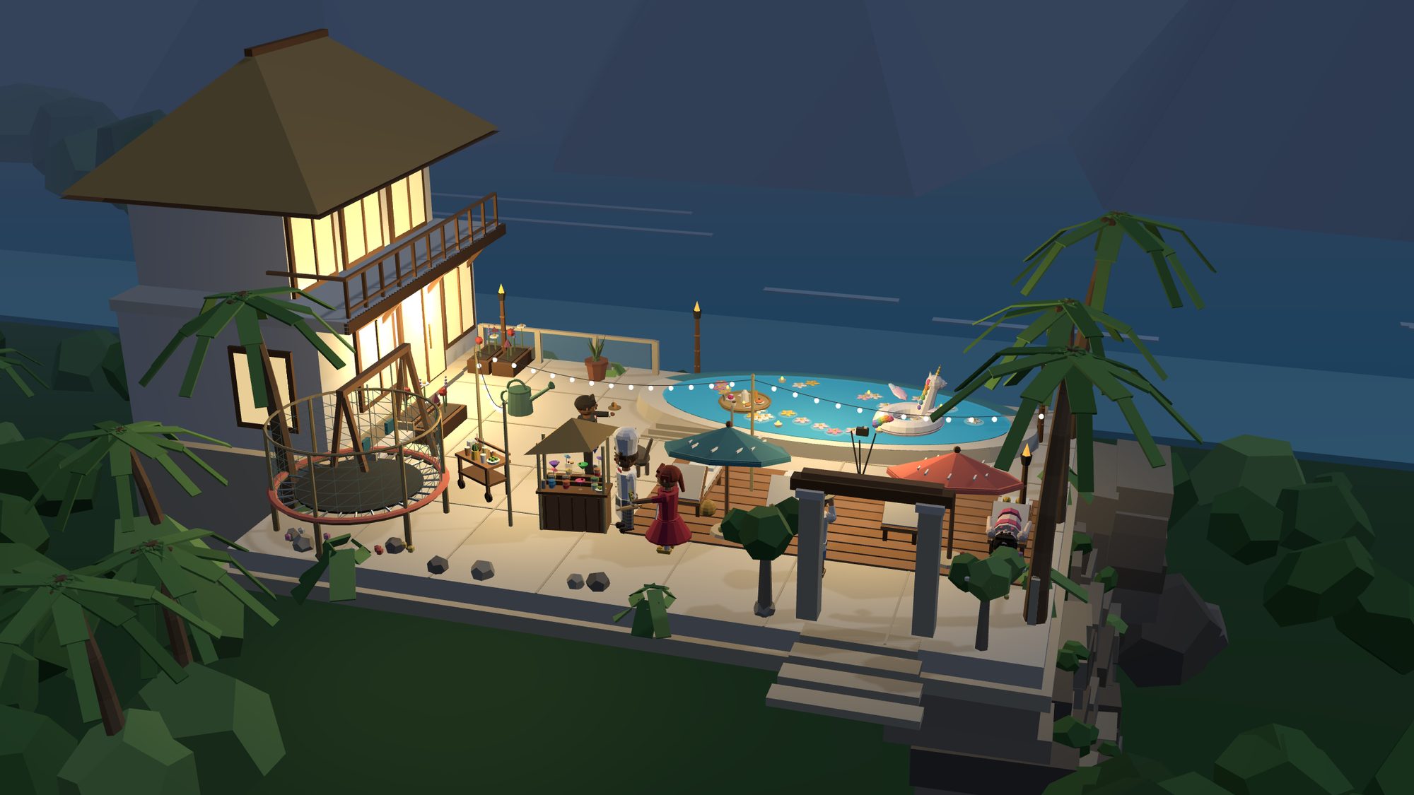 A Gathered house at dusk: a lit villa, an infinity pool over the sea with a unicorn float, string lights, sunbeds and a trampoline.