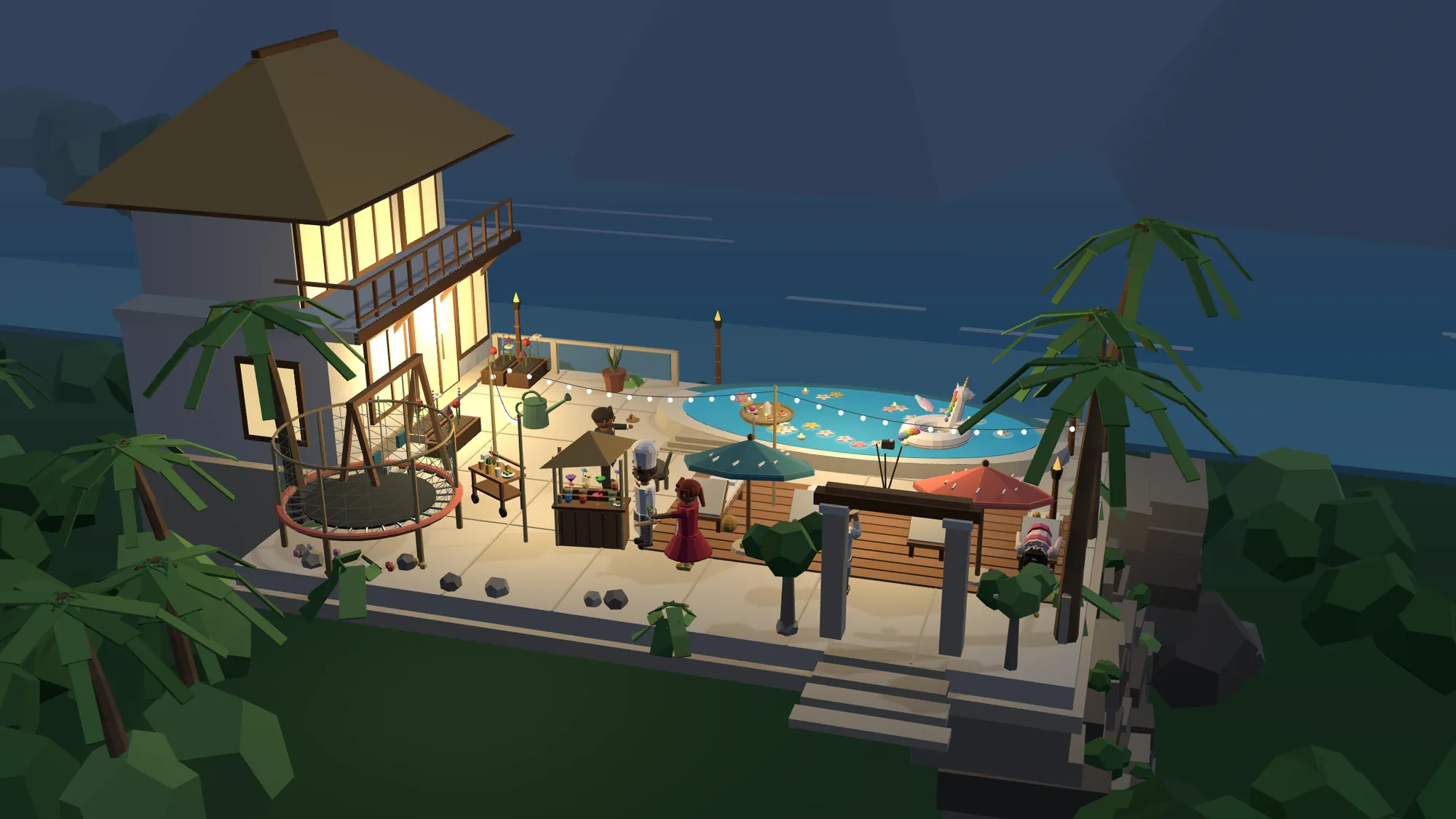 The terrace of a Gathered house at dusk: an infinity pool over the sea, string lights and a lit villa.